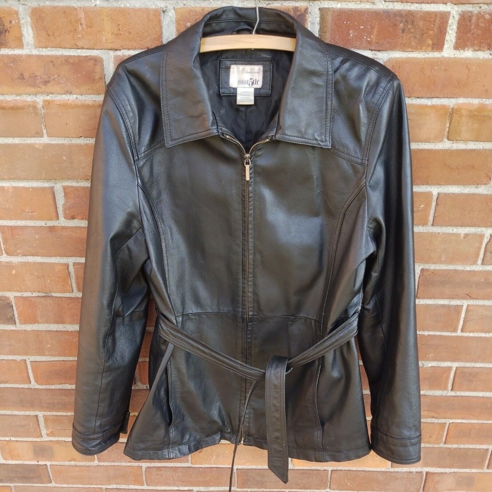 EAST 5Th Women’s Size Large Black Leather Jacket Coat Zipper and Tied Belt